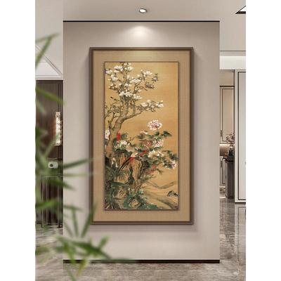明代《山桂菊禽图》中古风花鸟玄关装饰画新入户茶室中竖G-2024-0
