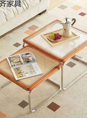 创意子母茶几钢化璃玻实木边框藤桌板不钢骨架客编厅可移锈XGP动