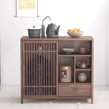 储木实桌边水柜柜IMG多功能物柜一体客厅烧老榆水木桶茶水柜新中