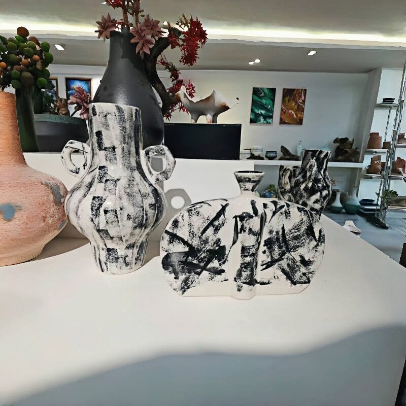 新中式陶瓷罐子样板房花架创意插花装饰品书房书剑罐花瓶水墨摆件