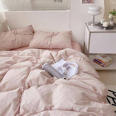 日式极简风纹灰粉色QNR条水洗棉高四套件颜值小众床单被套三件套