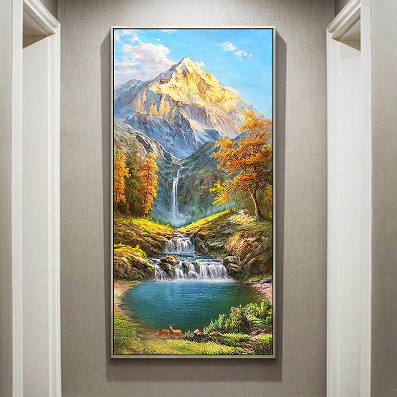 欧式手绘油金山聚宝盆入芬装户玄关饰画山水画挂画画大村高WTWWPW