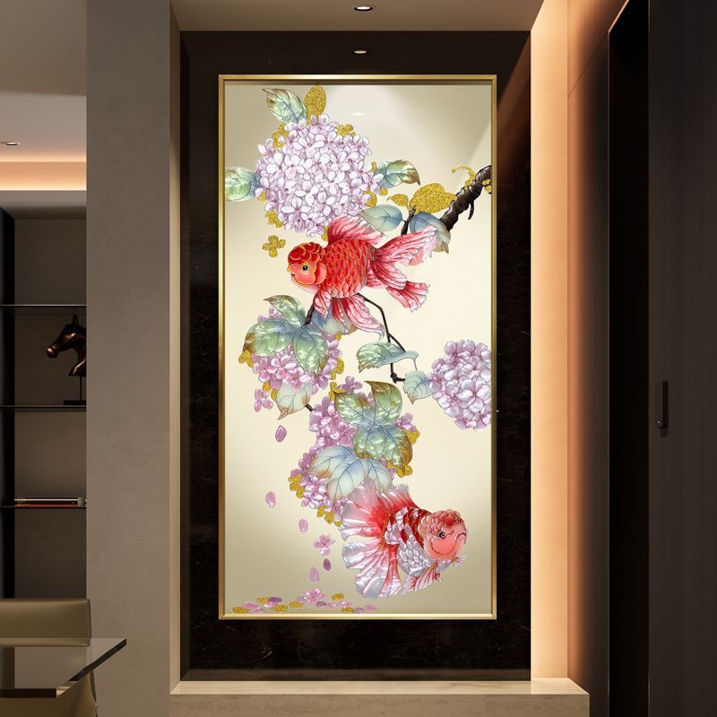 珐琅彩锦鲤装饰画沙发背景画高端挂墙玄关画有框新款横版定制挂画