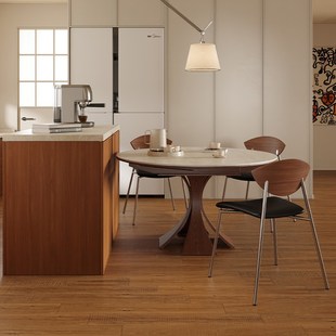 暮奢中古风洞石岩板实木圆餐桌家用小户型可伸缩方圆两用桌