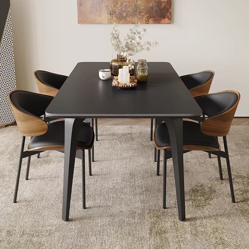 意式极简约现代黑色岩板餐桌椅组合家用小户型复古风长方形饭桌子