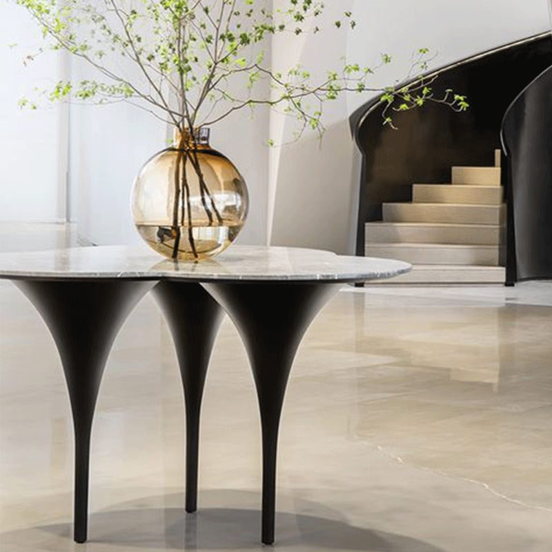 花瓣形大理石餐桌天然爵士白圆形餐台三叶草桌面设计阳台休闲圆桌