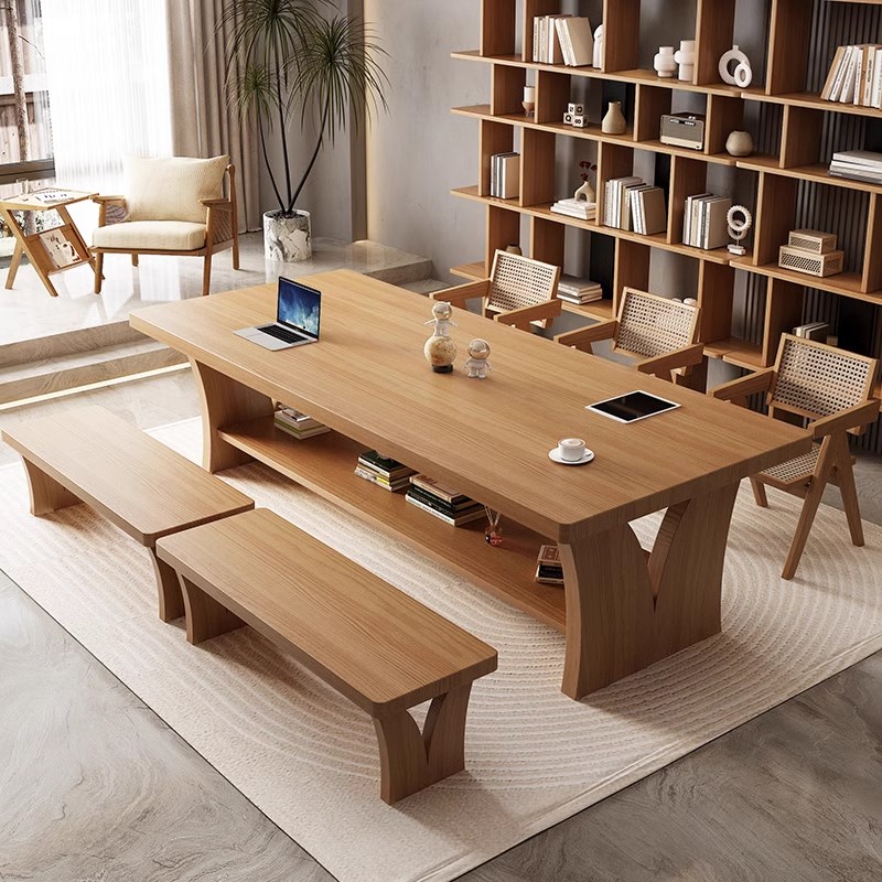 原木实木书桌长桌客厅家用双层隔板创意办公桌工作台大书法学习桌