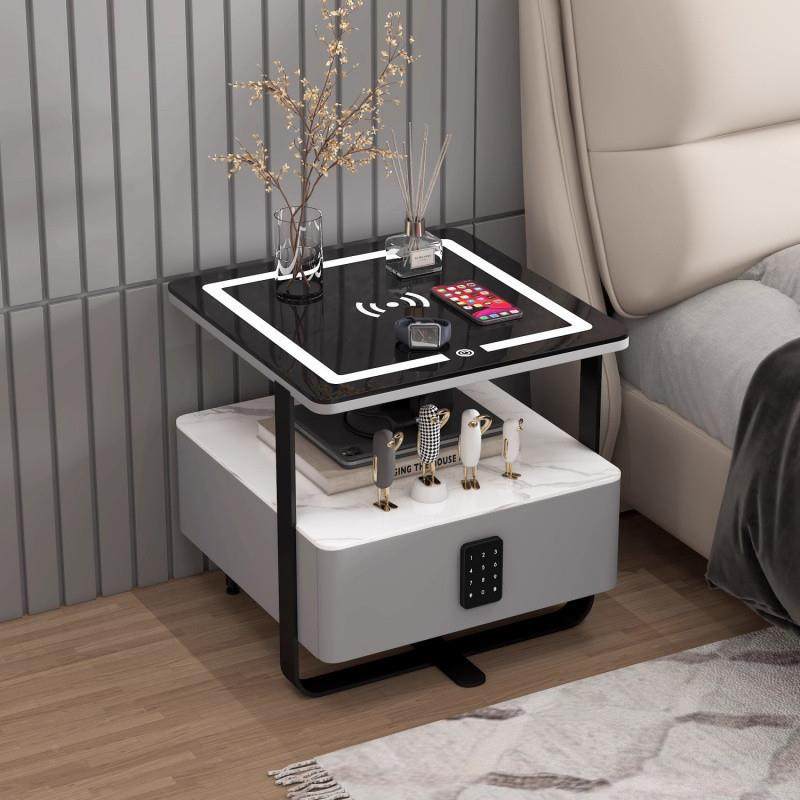 fE智能床头柜约现代轻密码锁无线家用充电卧简室板L实实木奢Q-998