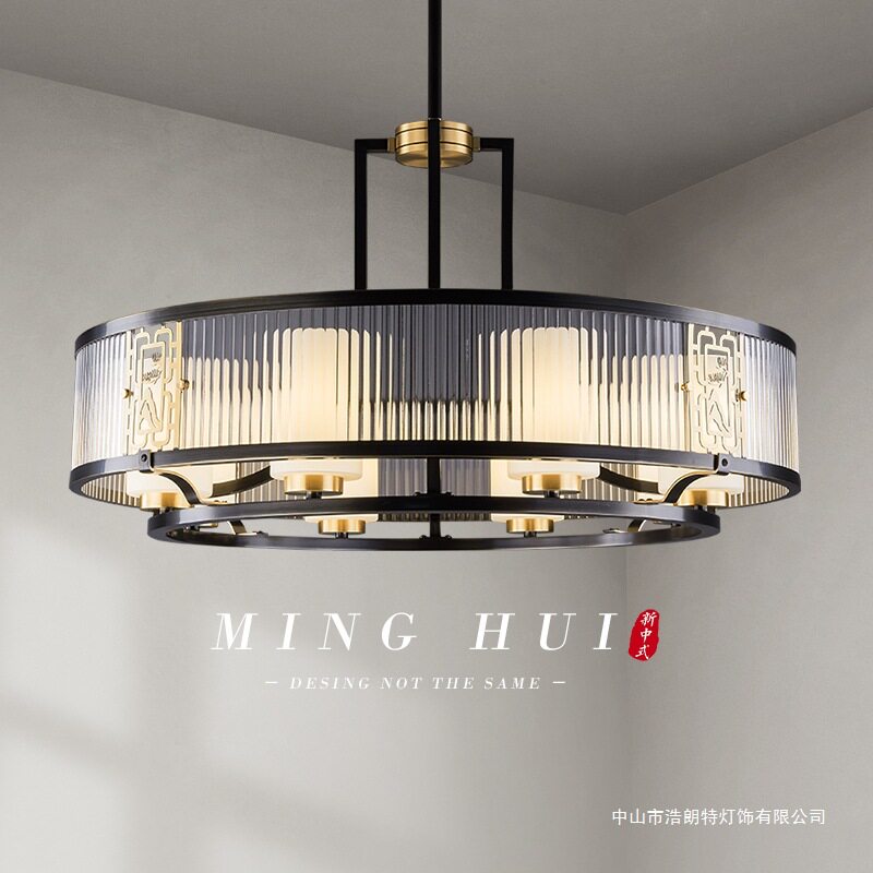 新中式全铜玻璃圆形设计师餐吊灯