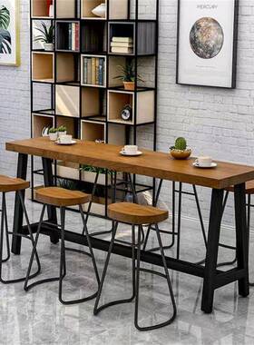 美式实木铁餐厅酒吧高餐艺台餐吧台桌简约原木休脚闲靠vv25535墙