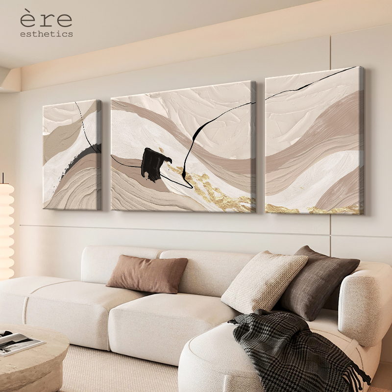 奶油风抽象山峰客厅装饰画三联画高级感立体肌理画沙发背景墙挂画