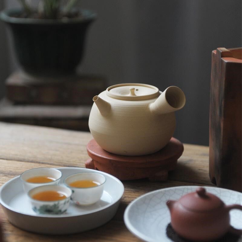 信堂啜真味白泥侧把砂铫500CC手工陶壶烧水煮茶壶明火炭炉电陶炉