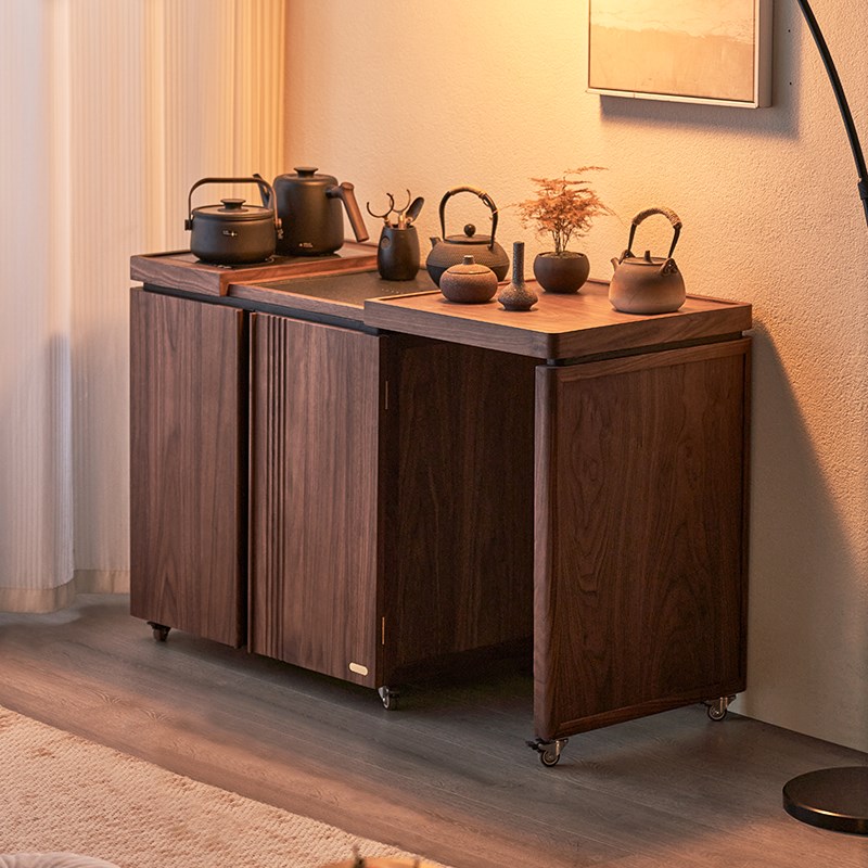 实木伸缩茶水柜可移动延展茶台煮茶下水柜黑胡桃木阳台茶桌茶边柜