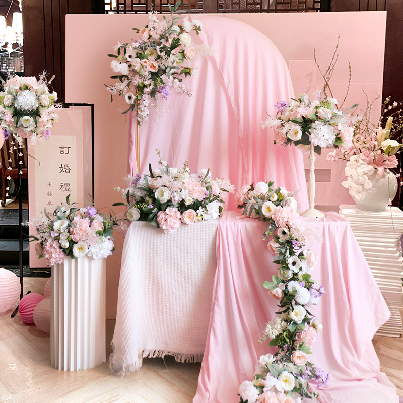 浅粉色婚庆花艺组合活动结婚场景仿真花卉道具桌花摆台花球花藤