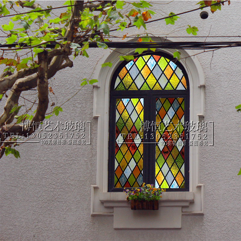 蒂凡尼艺术玻璃窗花隔断玄关天花吊顶彩色教堂玻璃复古老上海风格