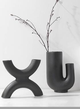 新中陶瓷花瓶工几式何不规则花器花作室民宿装饰摆件WBO黑色素烧