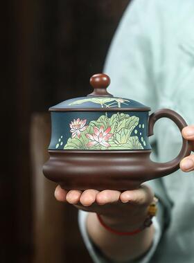 紫砂盖杯IPQ宜兴原鸿矿手工当套头泥绘运荷花办公室泡茶杯茶具礼