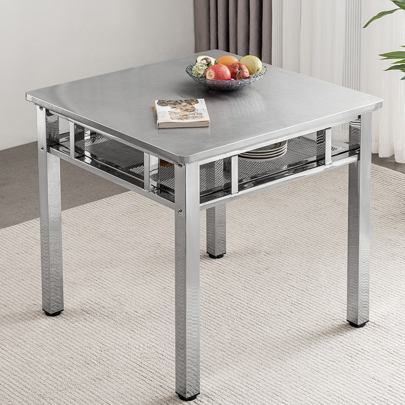 家用四方形桌耐磨双层防锈正方形吃饭简约不锈钢桌子简易餐桌加厚