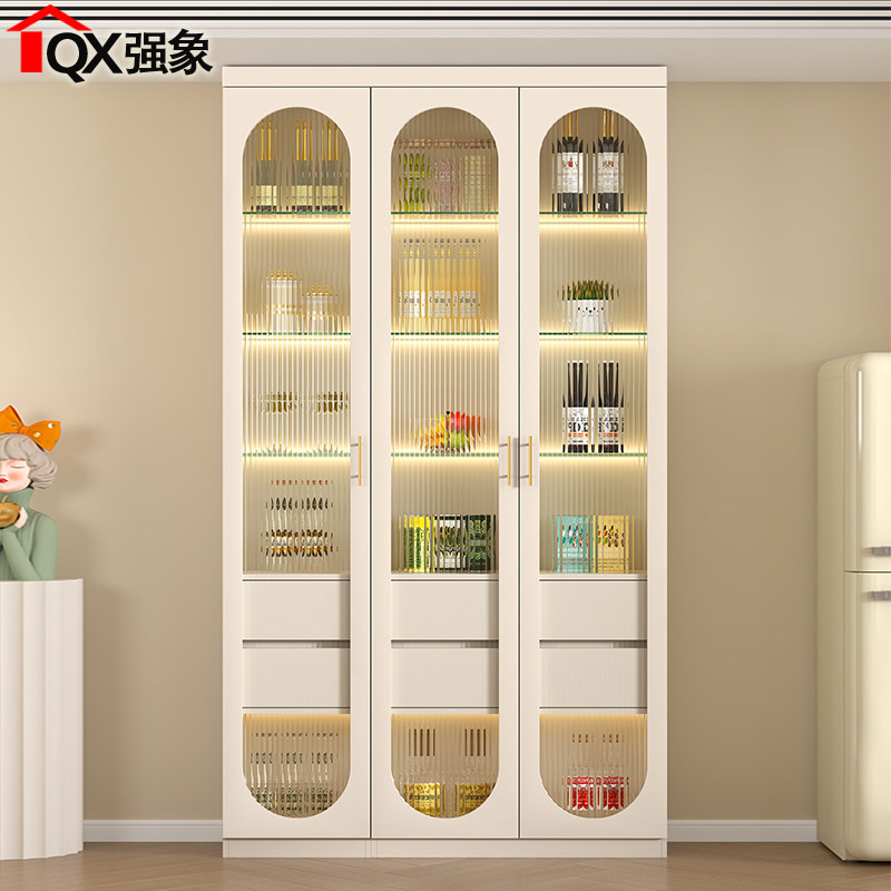 奶油风玻璃门酒柜客厅靠墙展示柜薄款夹缝餐边茶水储物柜定制S31