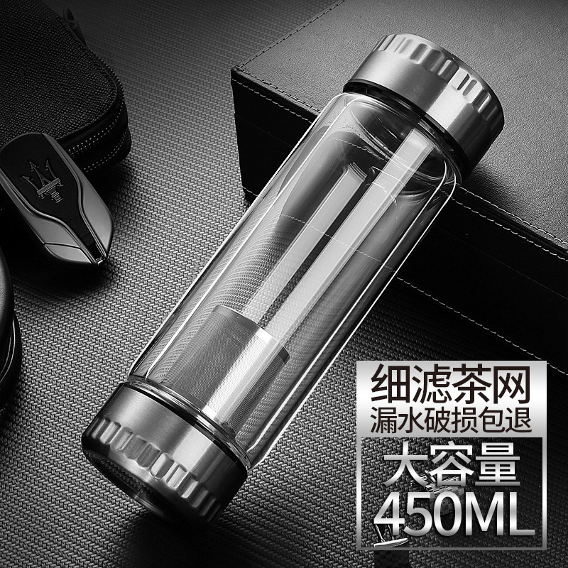 底部放茶叶杯子玻璃杯双层双头带盖茶水分离过滤泡茶杯子便携车载