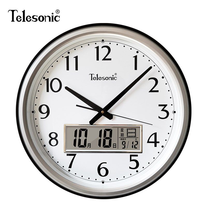 TELESONIC/天王星客厅静音时钟中式挂钟圆形日历创意石英挂表壁钟