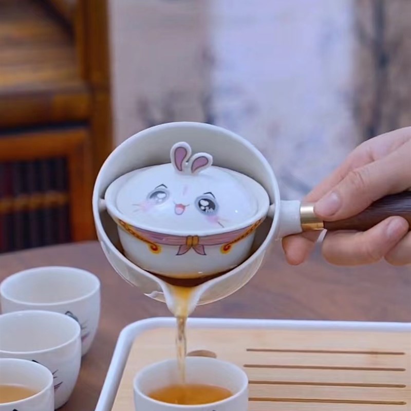 陶瓷可爱风福字茶具旅行露营外出套装创意懒人旋转茶水分离泡茶壶