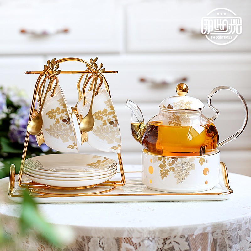 英式下午茶茶具花茶壶套装 蜡烛加热茶壶 骨瓷茶壶花茶杯欧式奢华