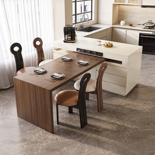 设计师黑色岩板餐桌岛台一体小户型旋转收缩T型餐柜饭桌茶台倒台