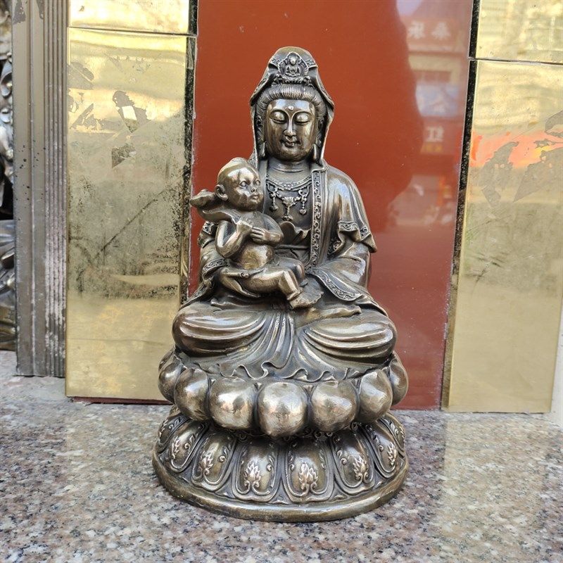 仿古铜观世音菩萨送子观音莲花坐像中式摆件铜童子观音高30公分