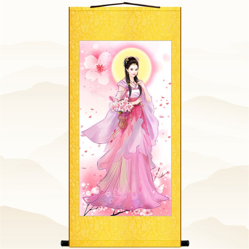 桃花仙子画像 仙女人物画中式复古装饰画绢布卷轴挂画 可来图定制