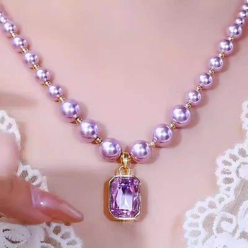 小盘优选紫色水晶锆石方糖珍珠项链高级感2025新款饰品女法式吊坠