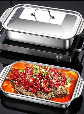 不锈钢JXP烤鱼盘烤带盖加绢厚烧家用长方盘干锅盘海鲜摆盘盘补花