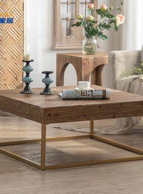 美式复古做旧方茶桌客厅原色圆形茶约几简做木旧边几QAW民宿桌矮