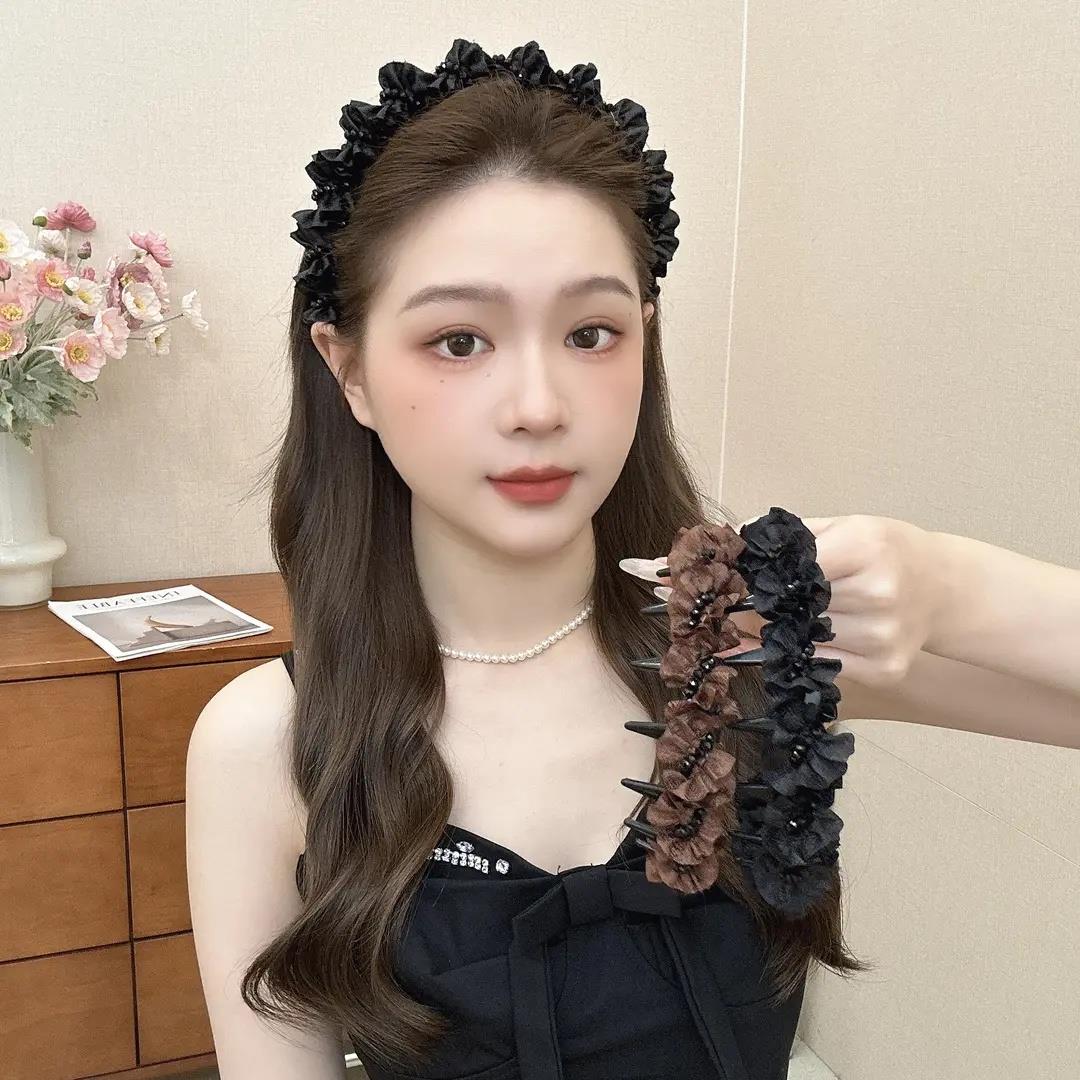 褶皱木耳边串珠高颅顶发箍防滑洗脸发箍碎发整理