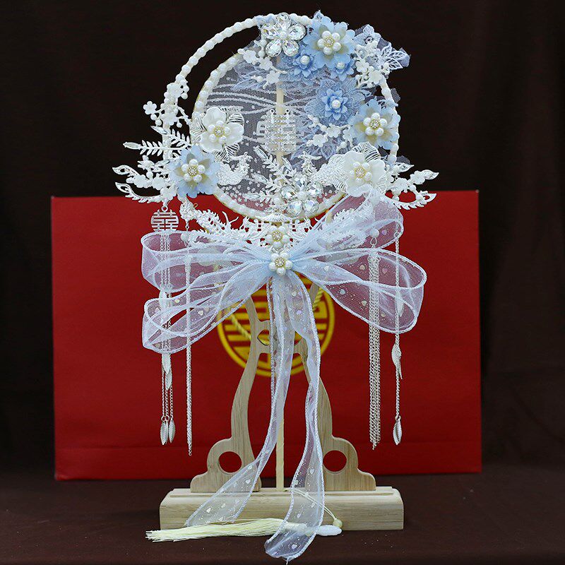 新娘结婚秀禾服中式混流高级质感遮面蓝色蝴蝶结成品手工喜扇团扇