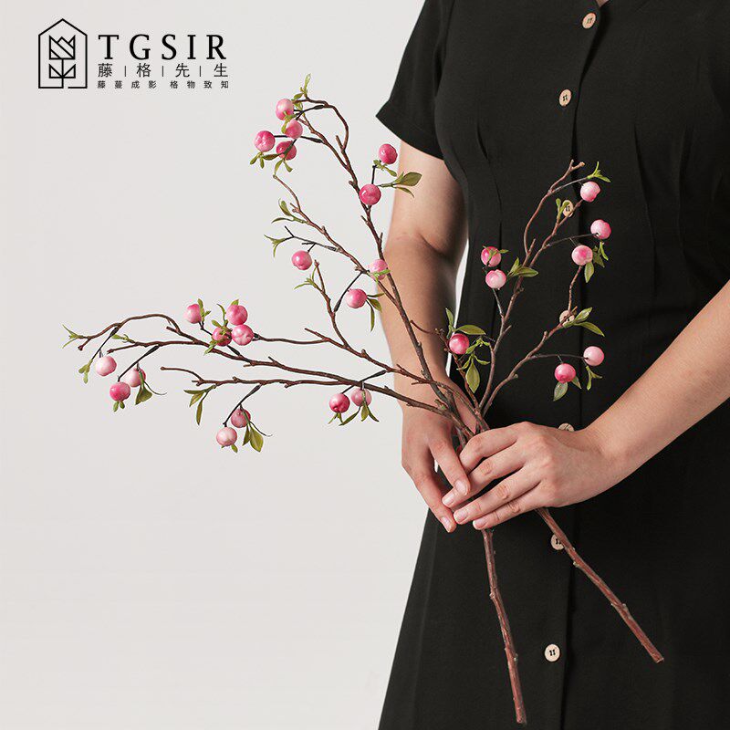 花戚果仿真小枝果实餐桌茶几花瓶插花假花绿植装饰摆件花束小白果