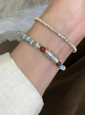 足银999 国风简约绿松石手串女复古轻奢手链新中式高级感串珠手饰