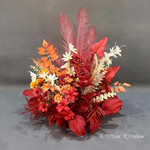 婚庆红色路盆花引花礼花艺花球桔色金KTF色中桌花背景装饰花式婚
