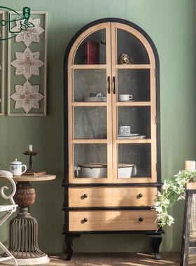 法式实木黑色PAE餐厅碗柜纳用厨家房收置物柜子拱形酒铁艺客厅装