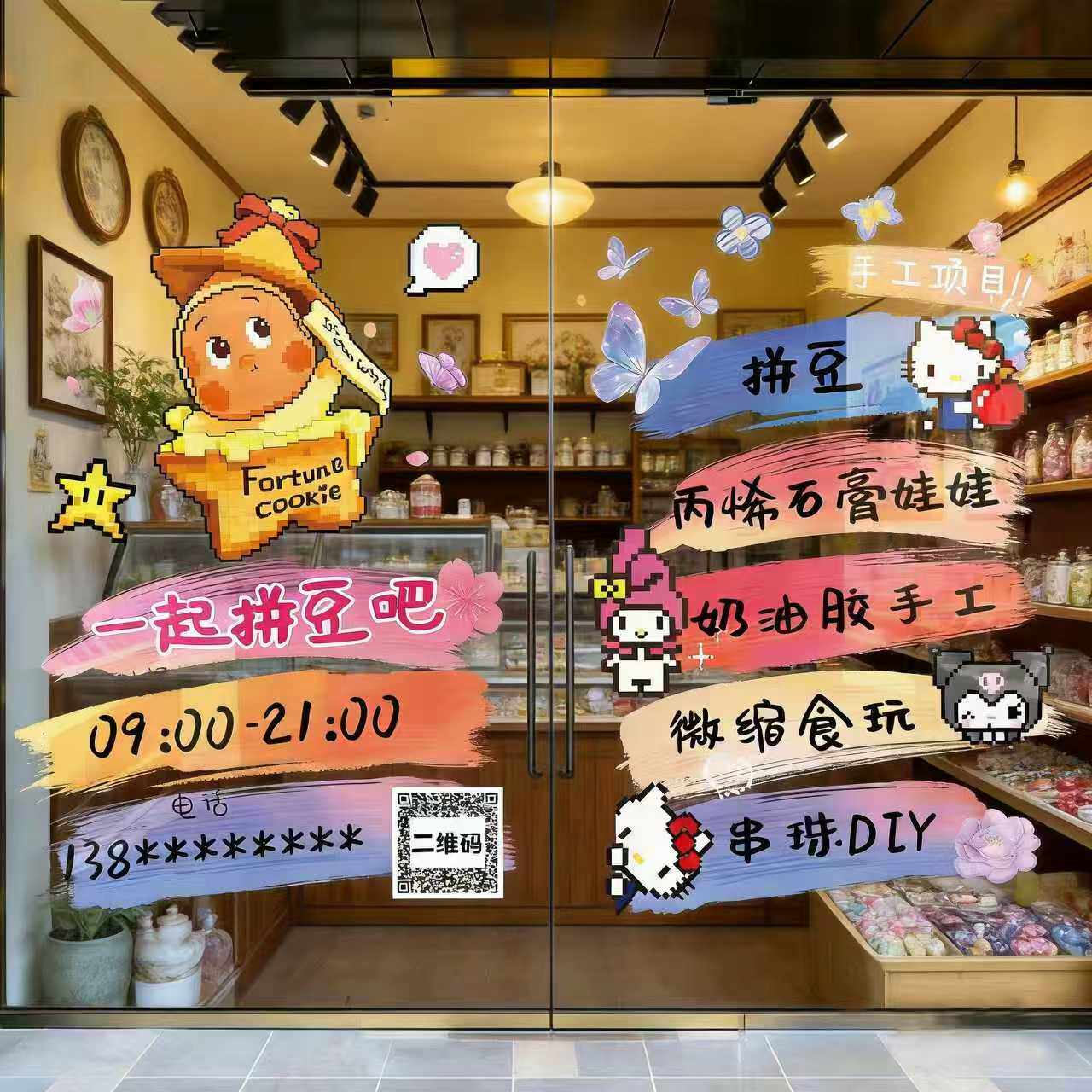拼豆店装饰实体店玻璃门贴电话营业时间贴纸氛围布置diy手作工坊