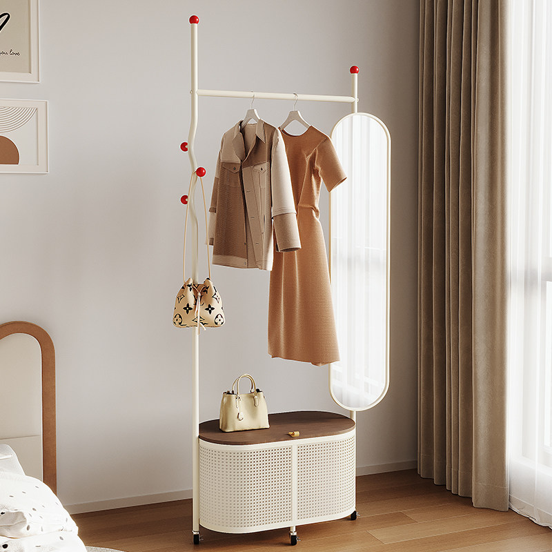 奶油风多功能衣帽架卧室穿衣镜一体落地式衣架室内可移动挂衣架