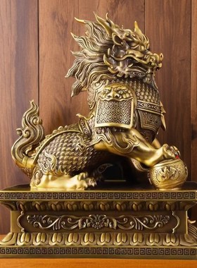纯黄铜麒麟公母一对摆件聚财纳福麒麟客厅玄关家居办公桌面装饰品