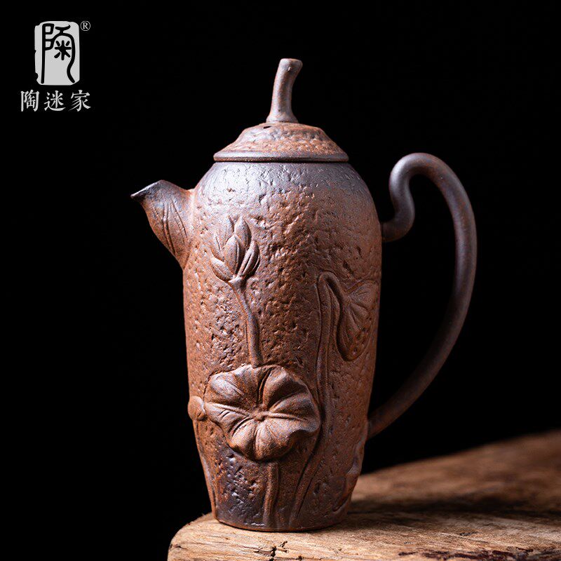 陶迷粗陶老岩泥茶壶手工浮雕荷韵茶具新款小容量壶中式复古陶瓷壶