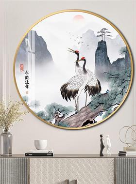 新中瓷式迎客松玄壁关装客饰画入户厅走SJR廊墙画松鹤延年圆形晶