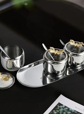 轻锈可视调料罐味厨房家用304不钢带勺子调味瓶奢佐料盒精RD9104