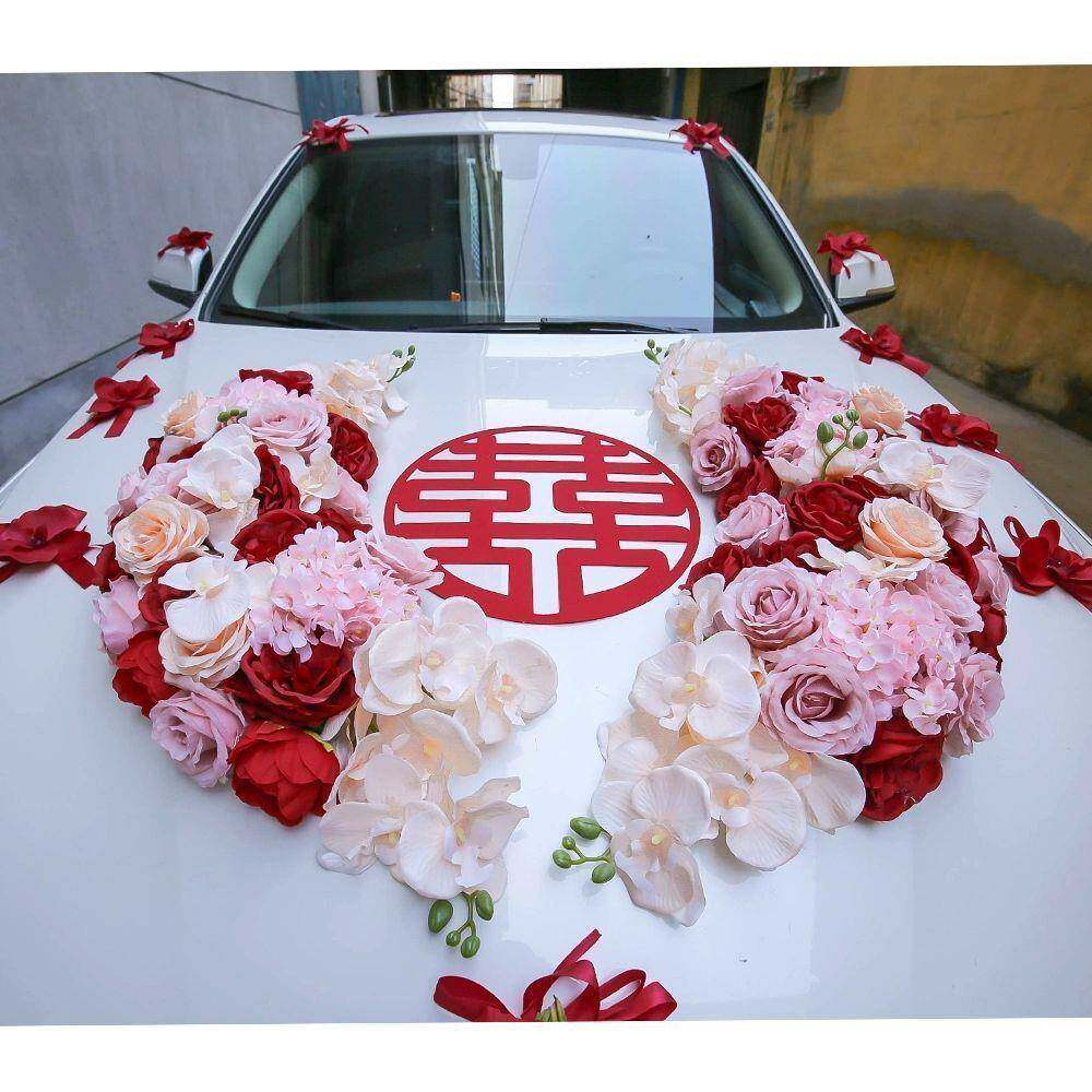 装车头拉花森系红结婚饰主婚车色装用YKL品套仿真花布置吸盘套新
