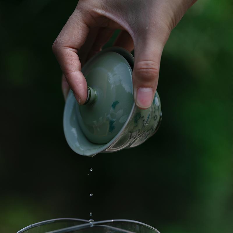 束刻51觅青釉下粉彩手葫湖绘太石苍翠芦绽放盖烫碗手工薄胎不手