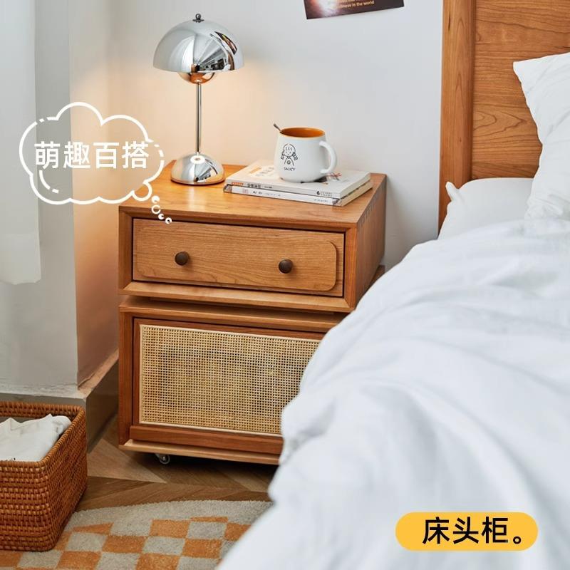 全实边木机器人床头柜夜移动光卧室可小户型超窄床储XSZ物柜樱桃