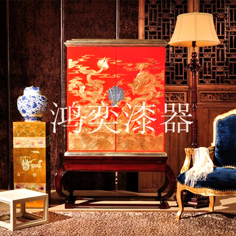 新中式实木漆器彩绘大红衣柜 贴金漆画家具储物衣橱2门高柜子设计