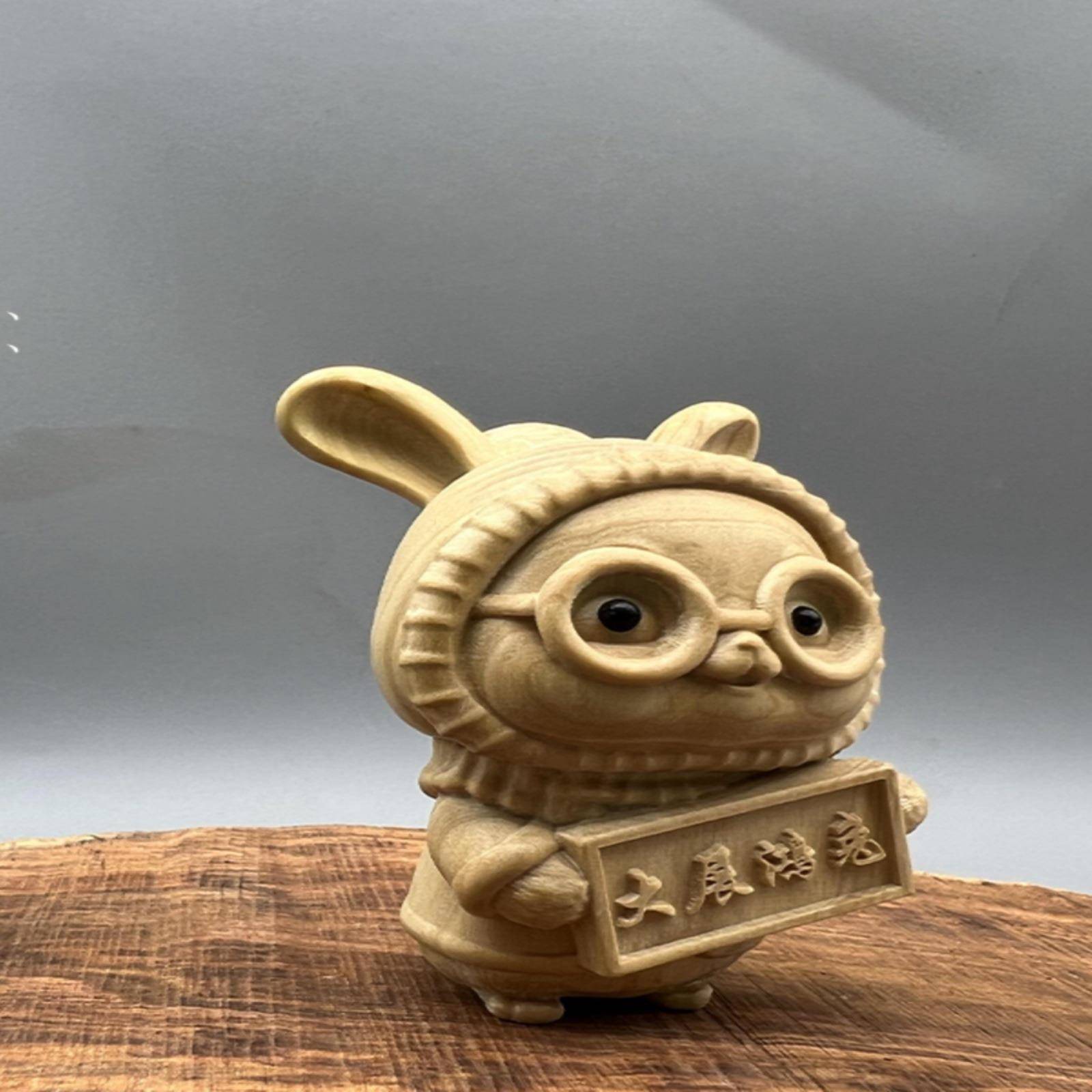 木雕WRA可爱车饰品件眼镜兔小黄汽杨木大展摆鸿兔手把叶件随身生